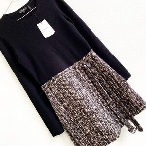 THEORY tweed black brown knit dress new NWT long sleeve holiday Large belt wool